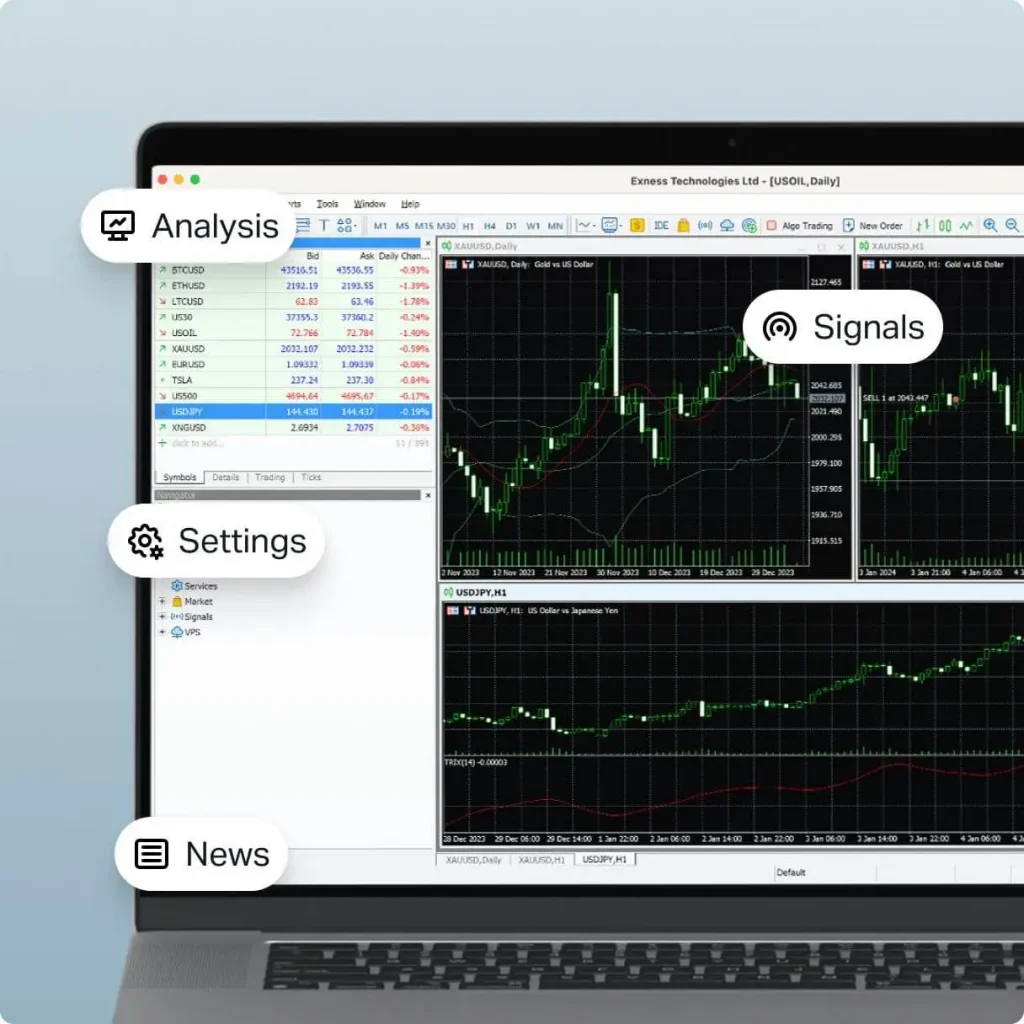 Exness MT4取引プラットフォームが日本のラップトップ画面に表示されている